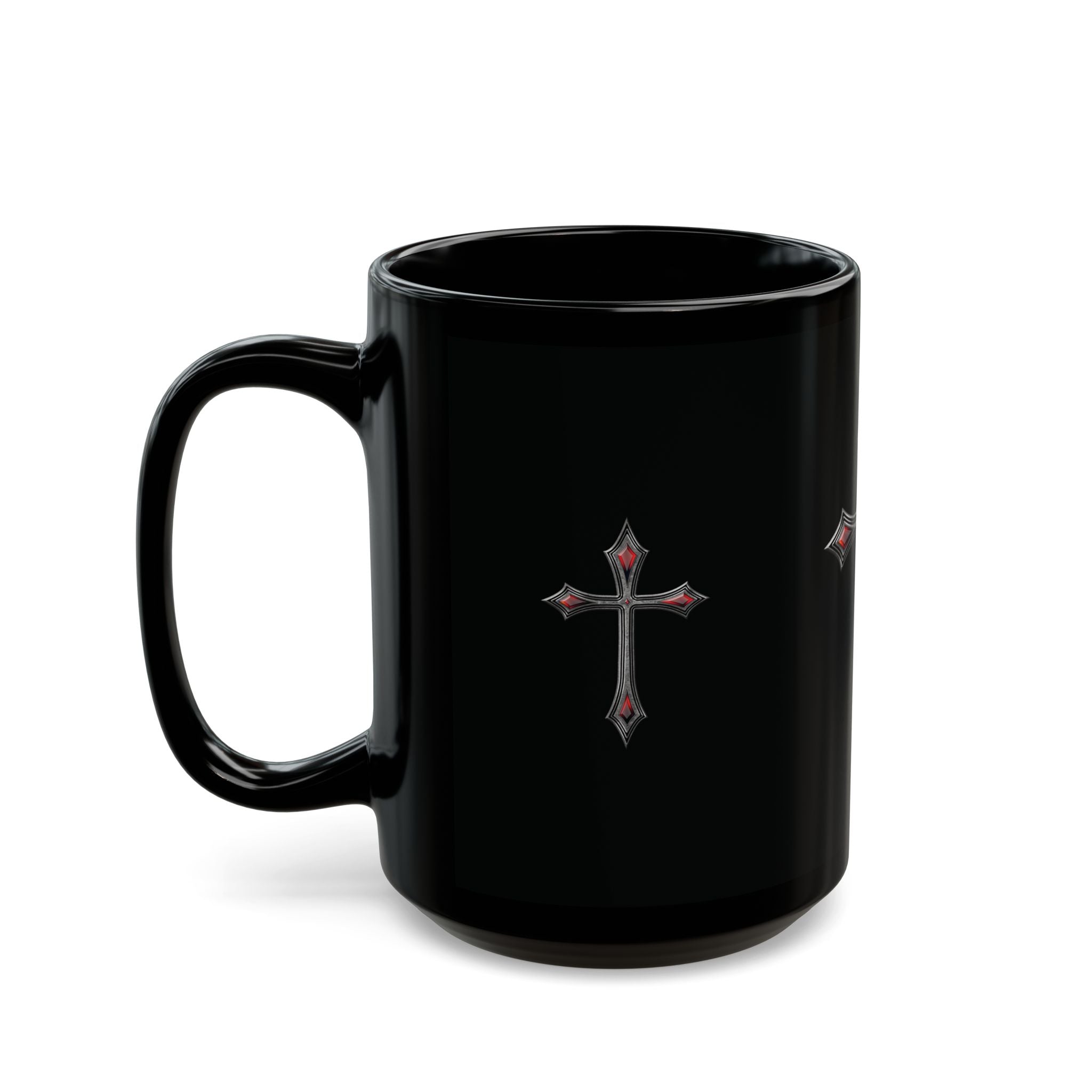Armor Of God AOG Gothic Red Gem Cross Mug — Black Ceramic Coffee Cup (11oz & 15oz)