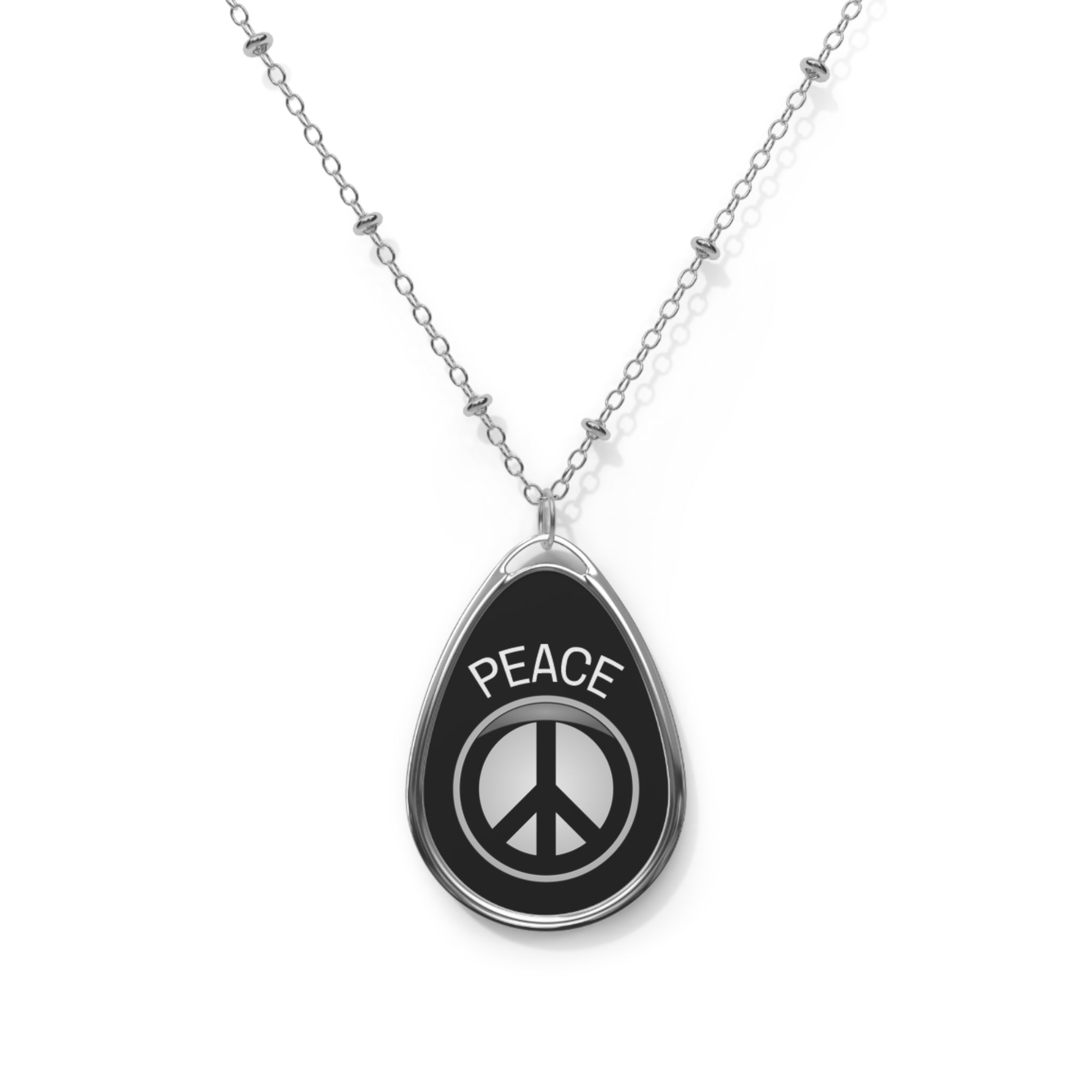 Divine Designed Peace Sign Oval Necklace — Silver Teardrop Pendant ‘PEACE’ Graphic