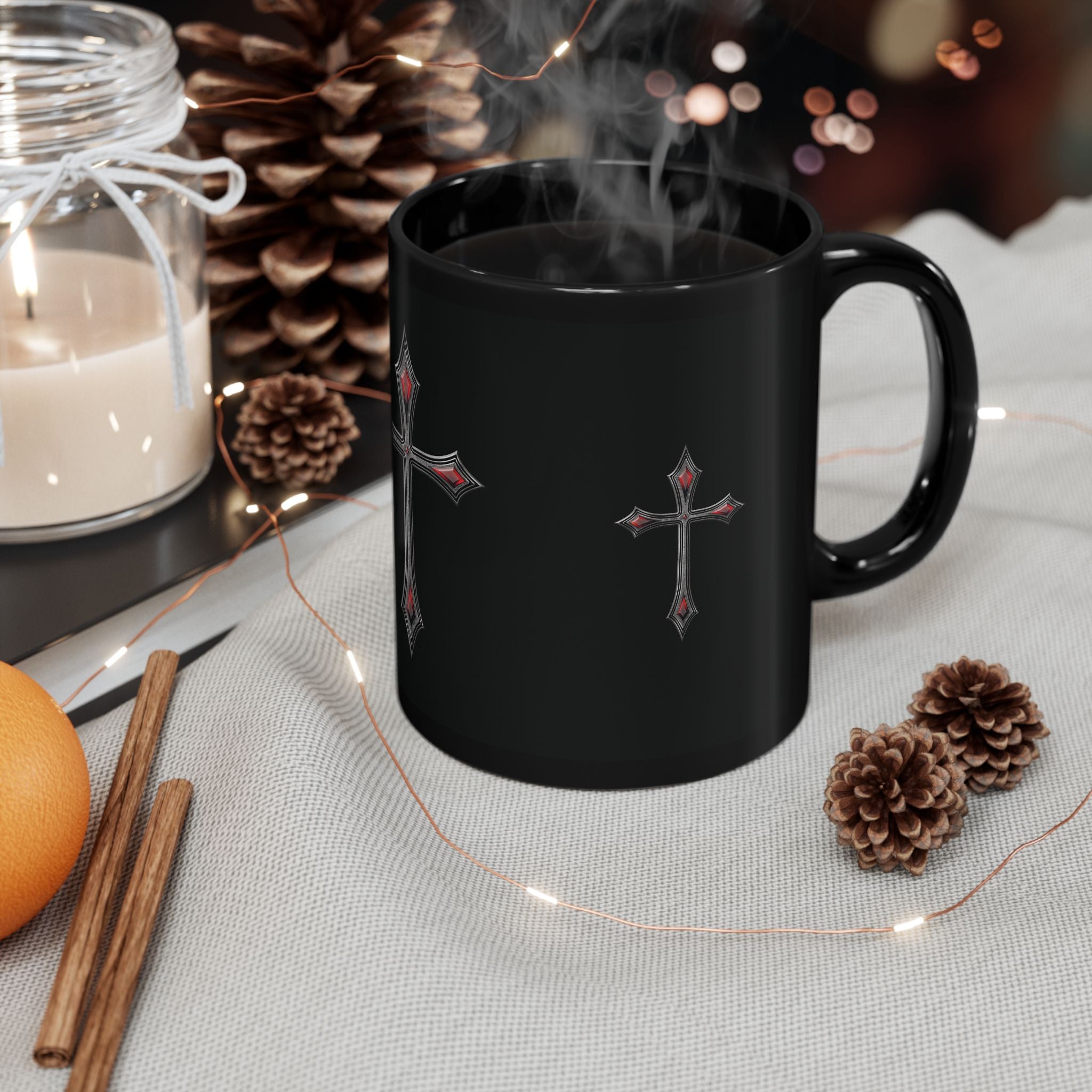 Armor Of God AOG Gothic Red Gem Cross Mug — Black Ceramic Coffee Cup (11oz & 15oz)