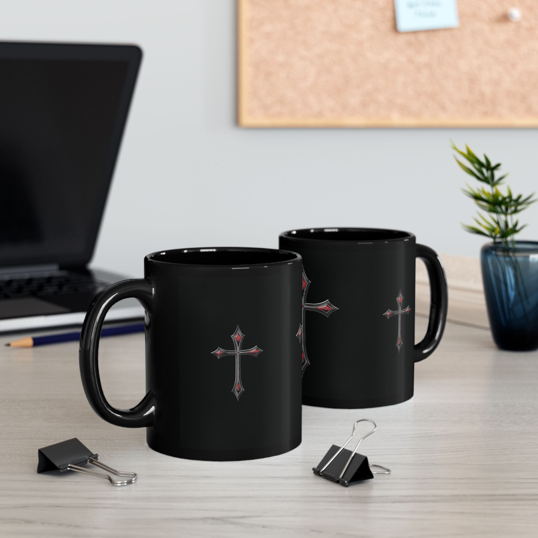 Armor Of God AOG Gothic Red Gem Cross Mug — Black Ceramic Coffee Cup (11oz & 15oz)