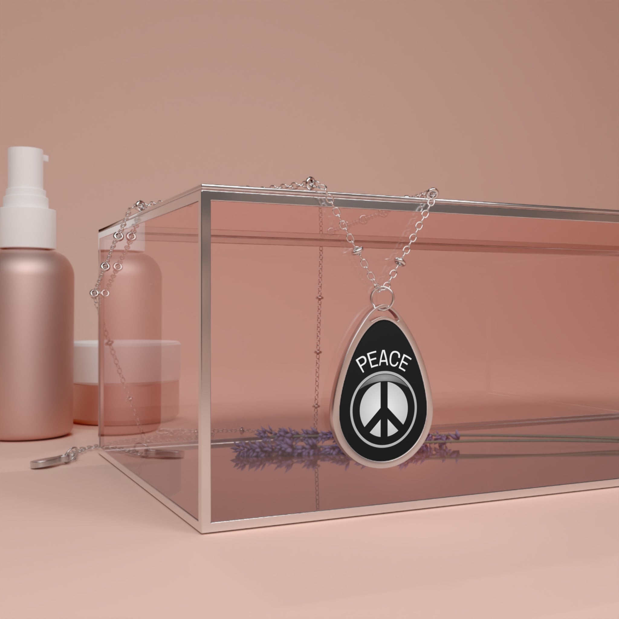 Divine Designed Peace Sign Oval Necklace — Silver Teardrop Pendant ‘PEACE’ Graphic