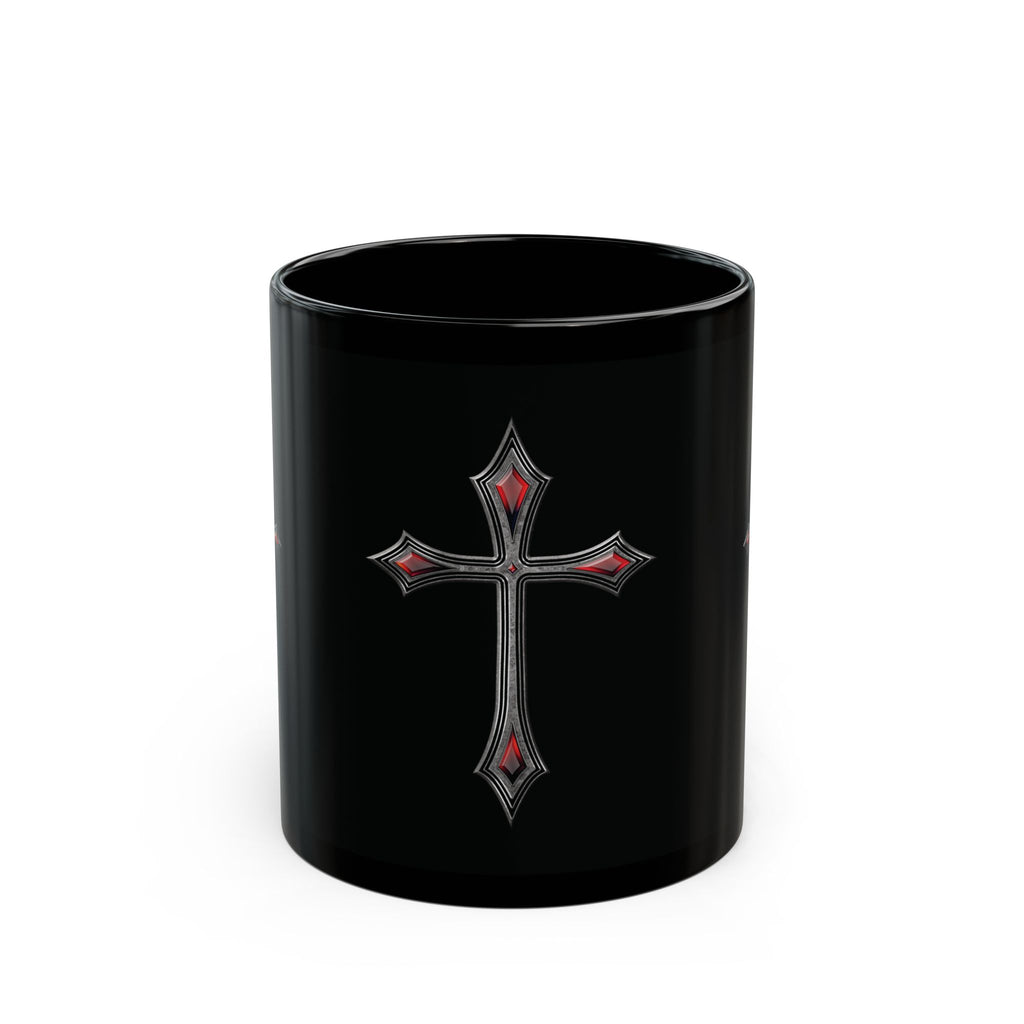 Armor Of God AOG Gothic Red Gem Cross Mug — Black Ceramic Coffee Cup (11oz & 15oz)