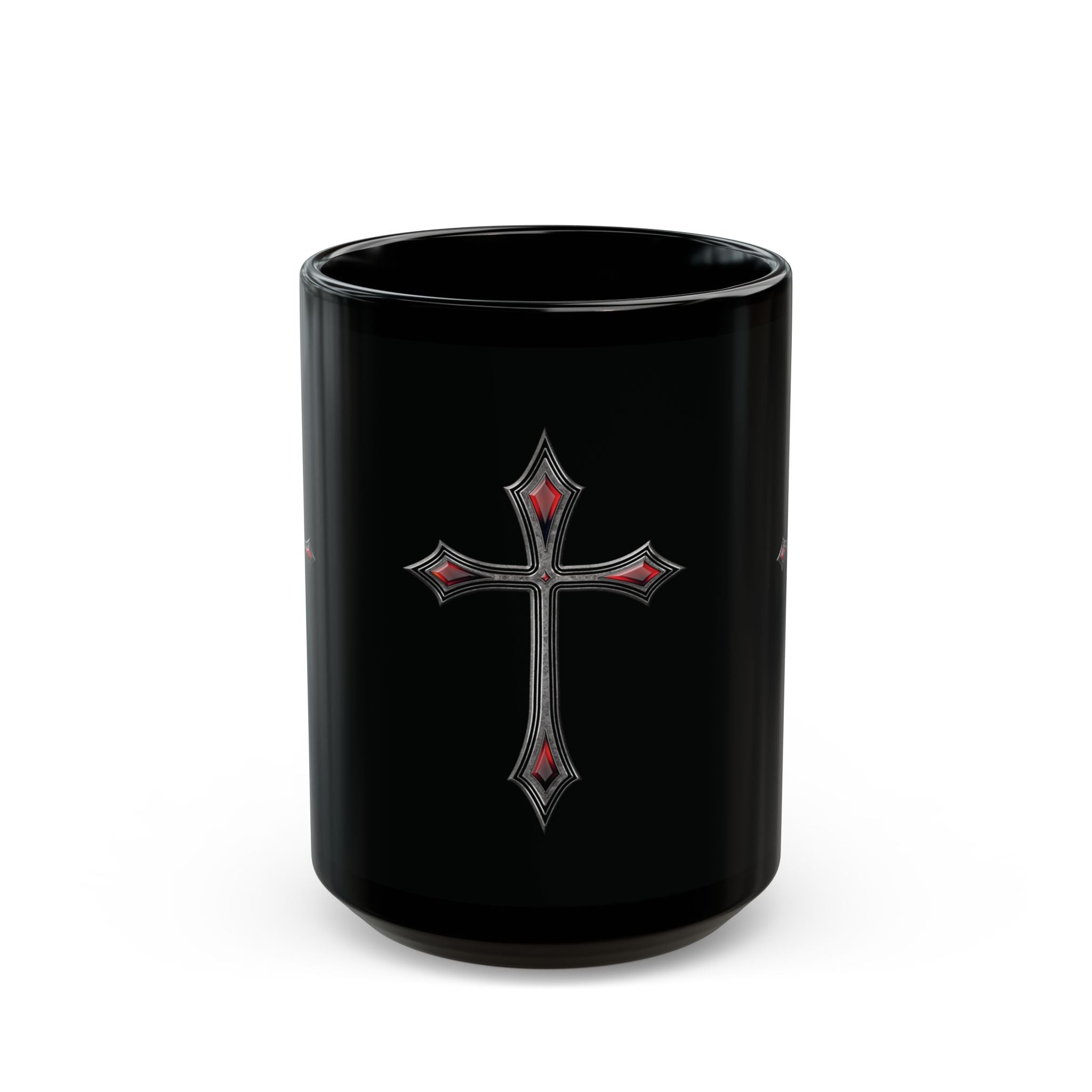 Armor Of God AOG Gothic Red Gem Cross Mug — Black Ceramic Coffee Cup (11oz & 15oz)