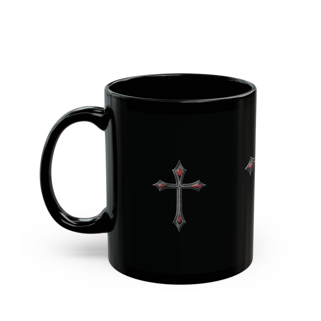 Armor Of God AOG Gothic Red Gem Cross Mug — Black Ceramic Coffee Cup (11oz & 15oz)