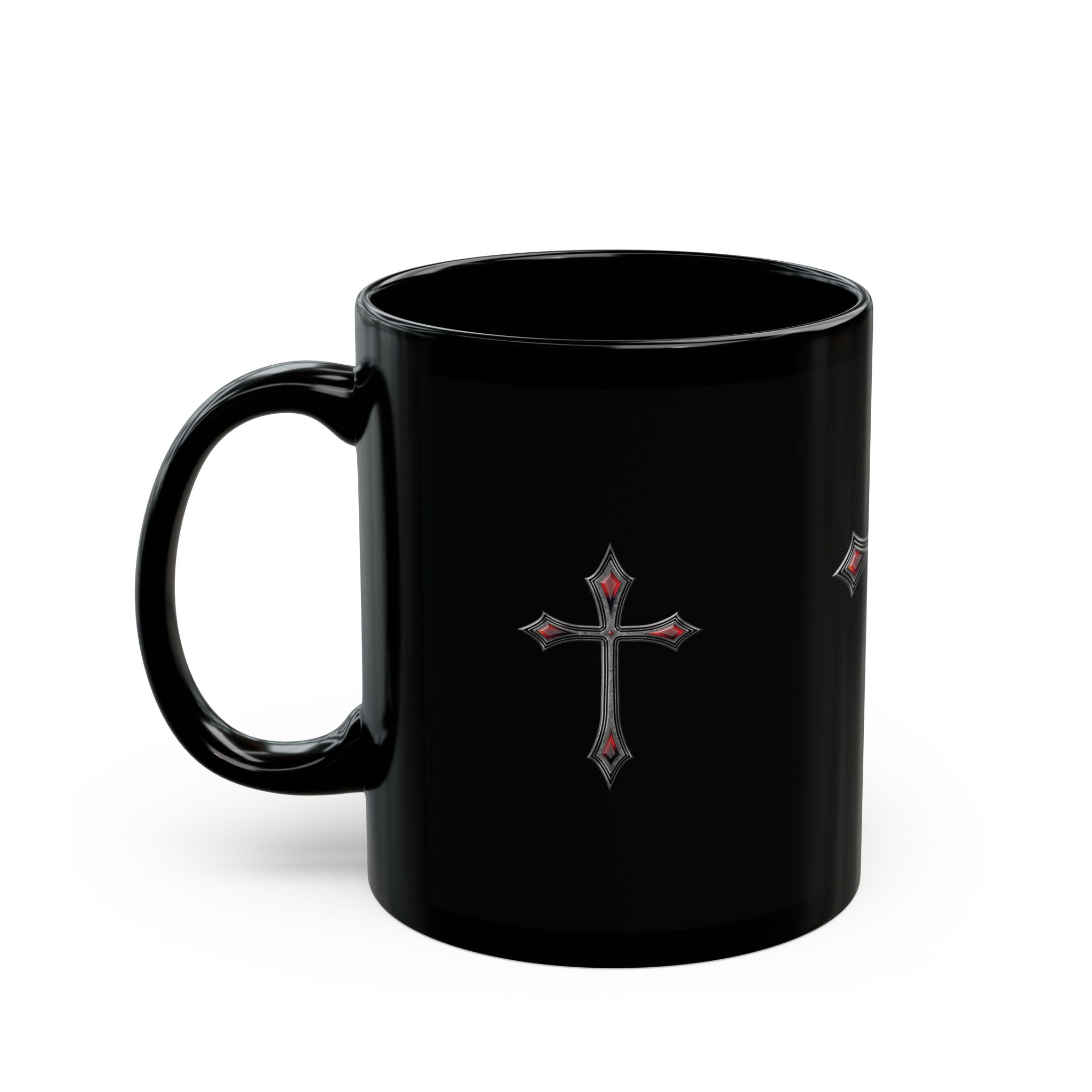 Armor Of God AOG Gothic Red Gem Cross Mug — Black Ceramic Coffee Cup (11oz & 15oz)