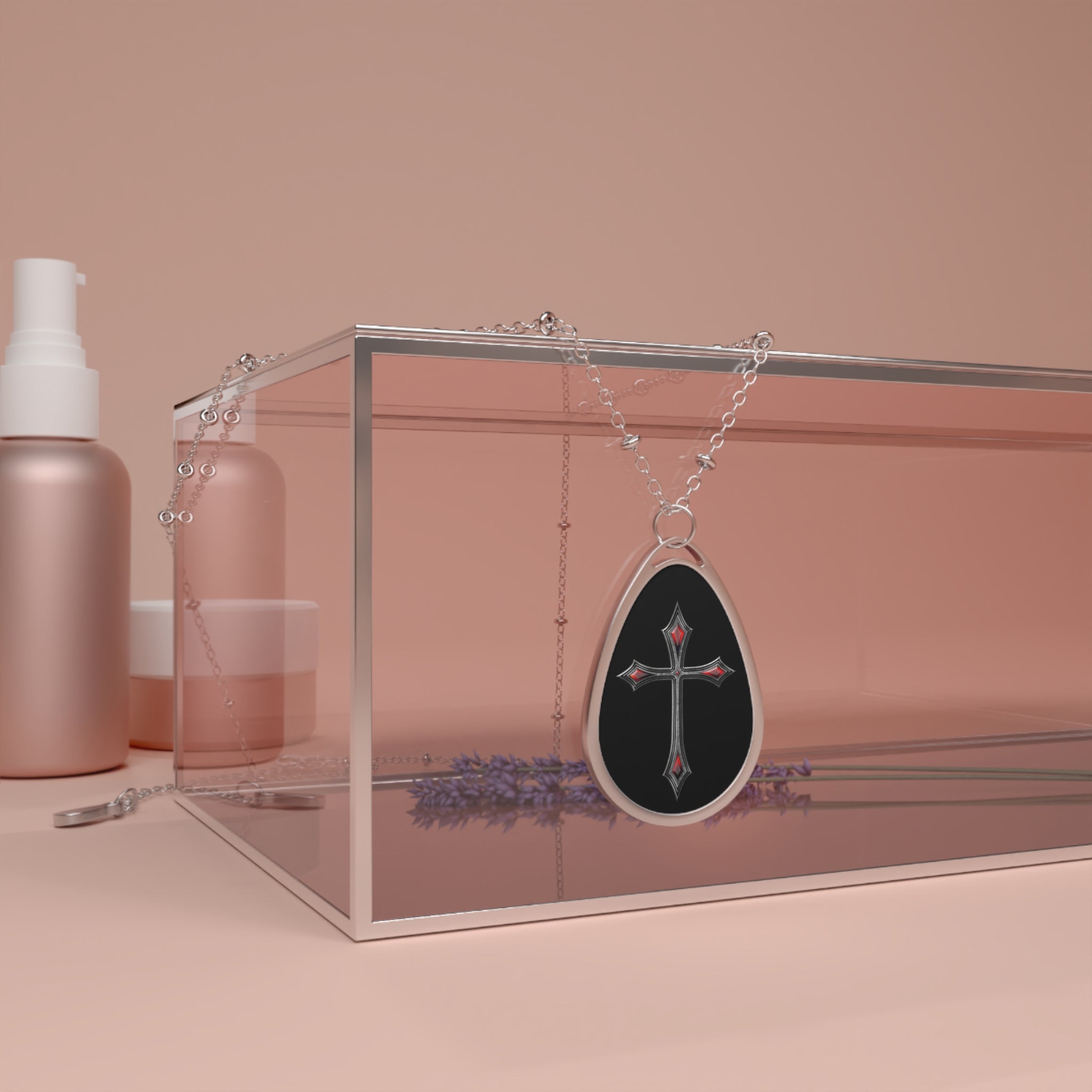 Divine Designed Armor of God AOG Teardrop Necklace — Black Pendant with Ruby Cross Accents