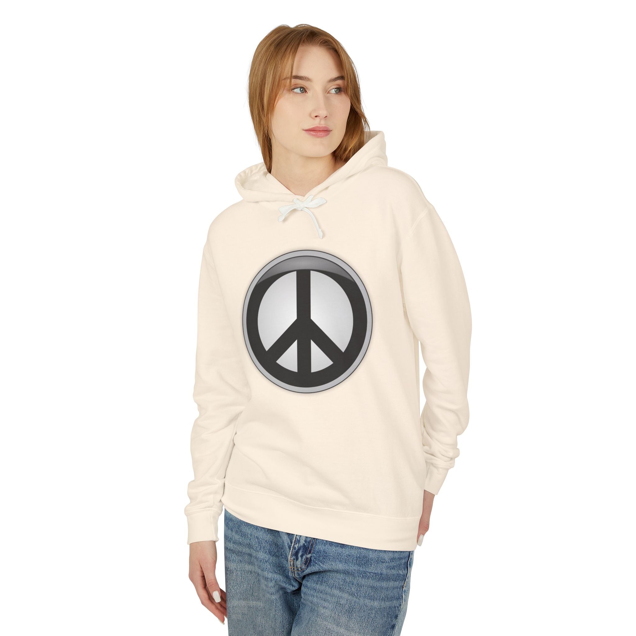 Divine Designed Peace Sign Hoodie — Retro Silver Peace Symbol Lightweight Pullover