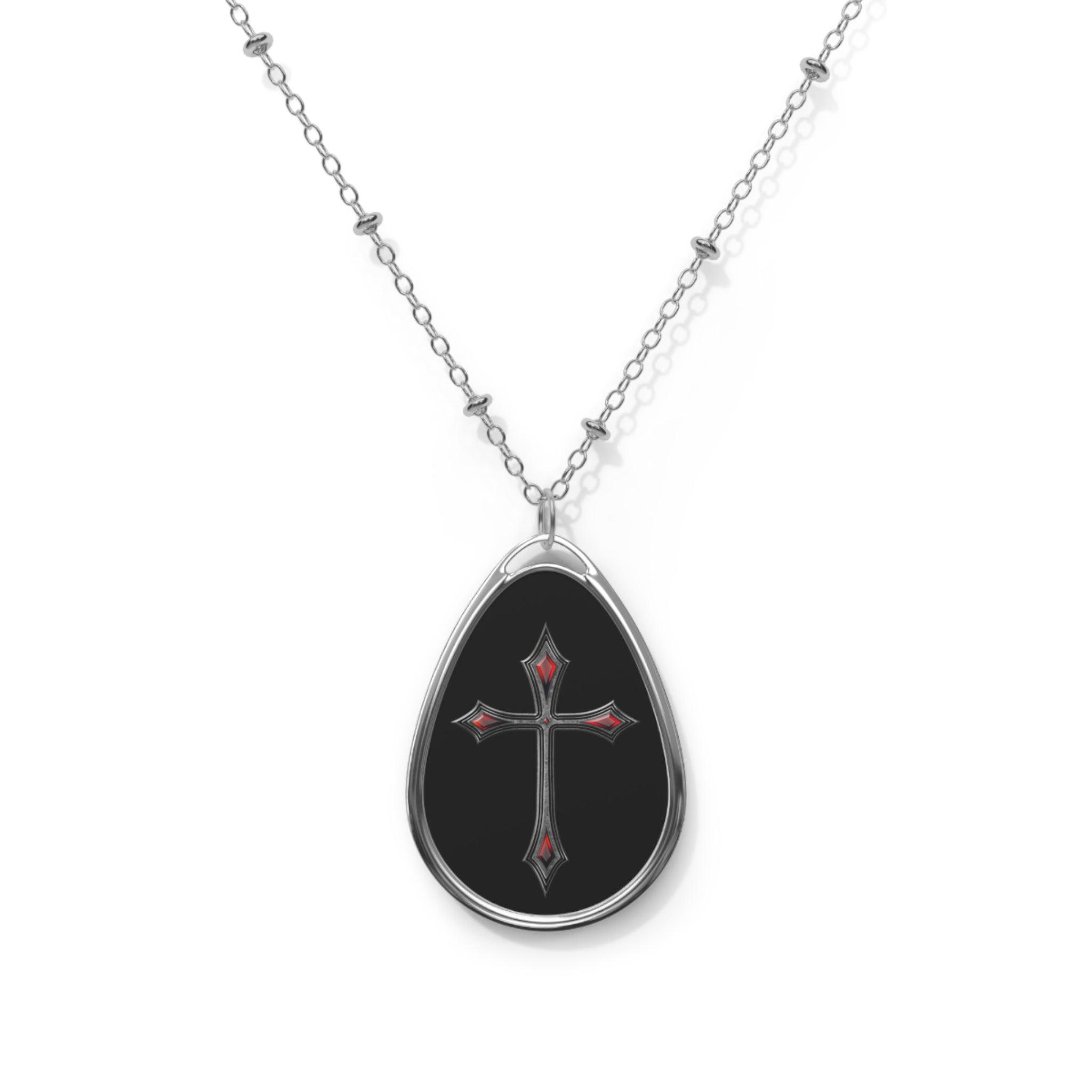 Divine Designed Armor of God AOG Teardrop Necklace — Black Pendant with Ruby Cross Accents