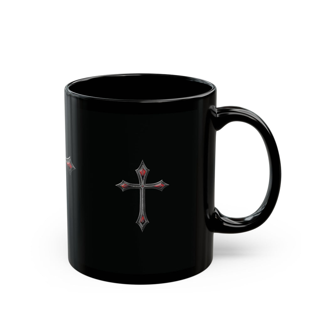 Armor Of God AOG Gothic Red Gem Cross Mug — Black Ceramic Coffee Cup (11oz & 15oz)