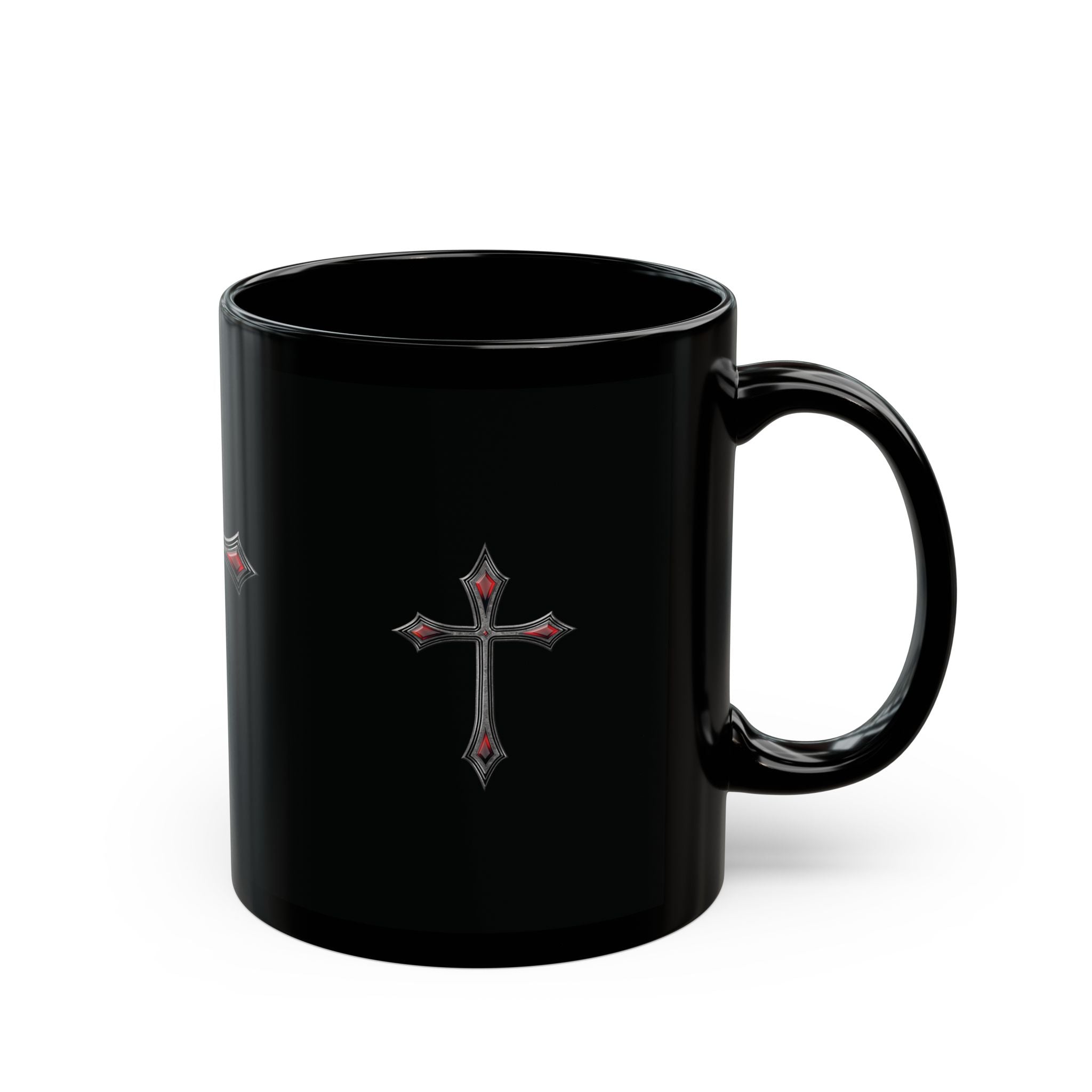 Armor Of God AOG Gothic Red Gem Cross Mug — Black Ceramic Coffee Cup (11oz & 15oz)