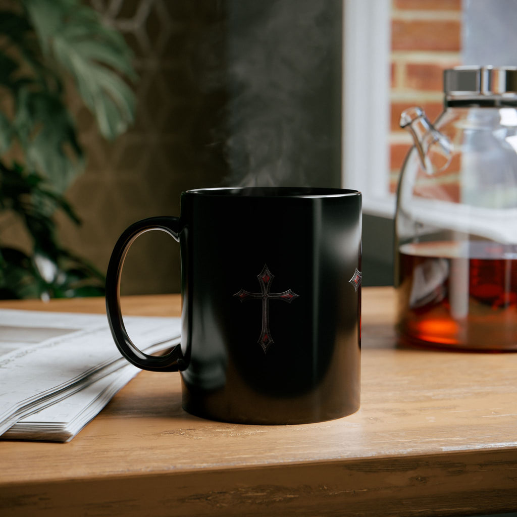 Armor Of God AOG Gothic Red Gem Cross Mug — Black Ceramic Coffee Cup (11oz & 15oz)