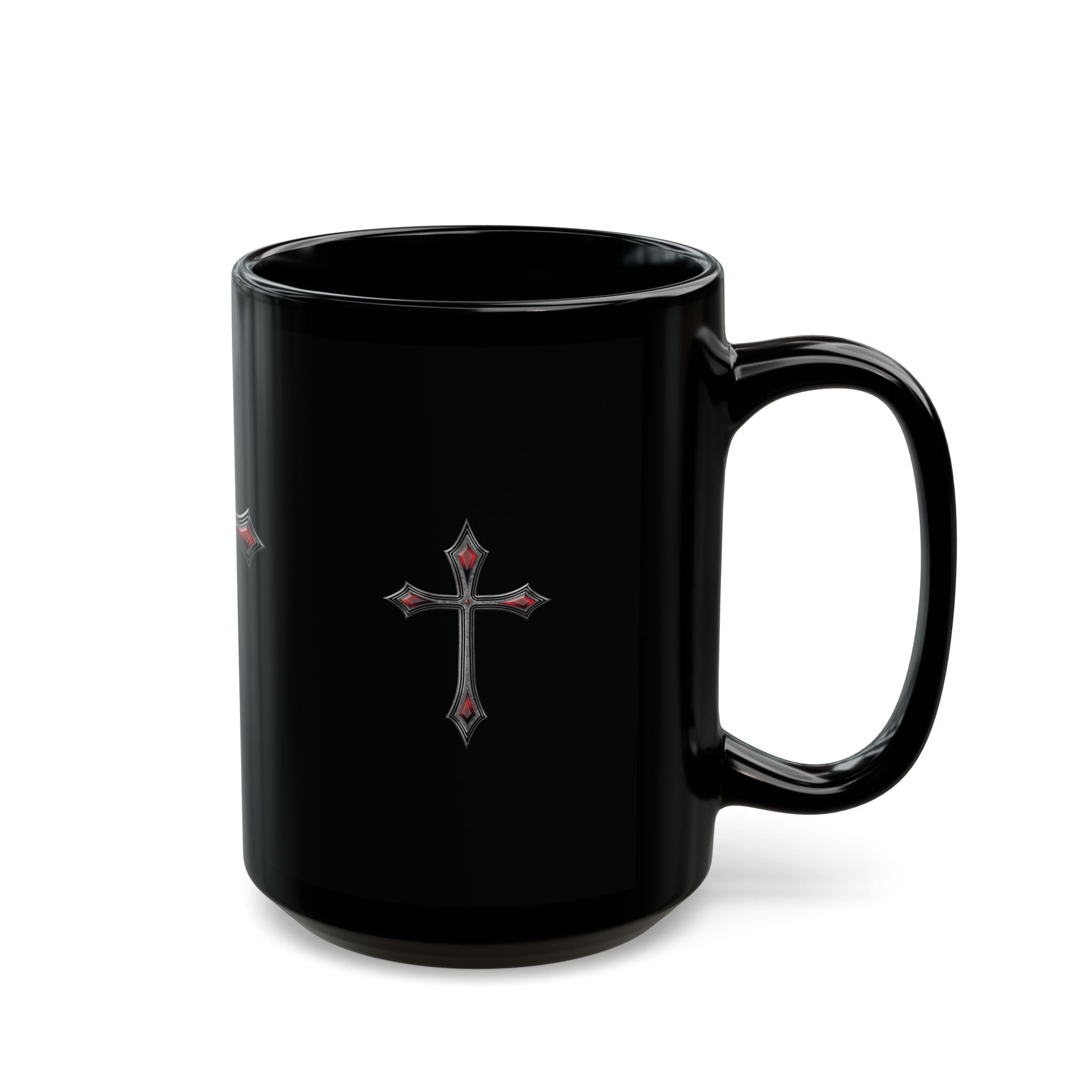 Armor Of God AOG Gothic Red Gem Cross Mug — Black Ceramic Coffee Cup (11oz & 15oz)